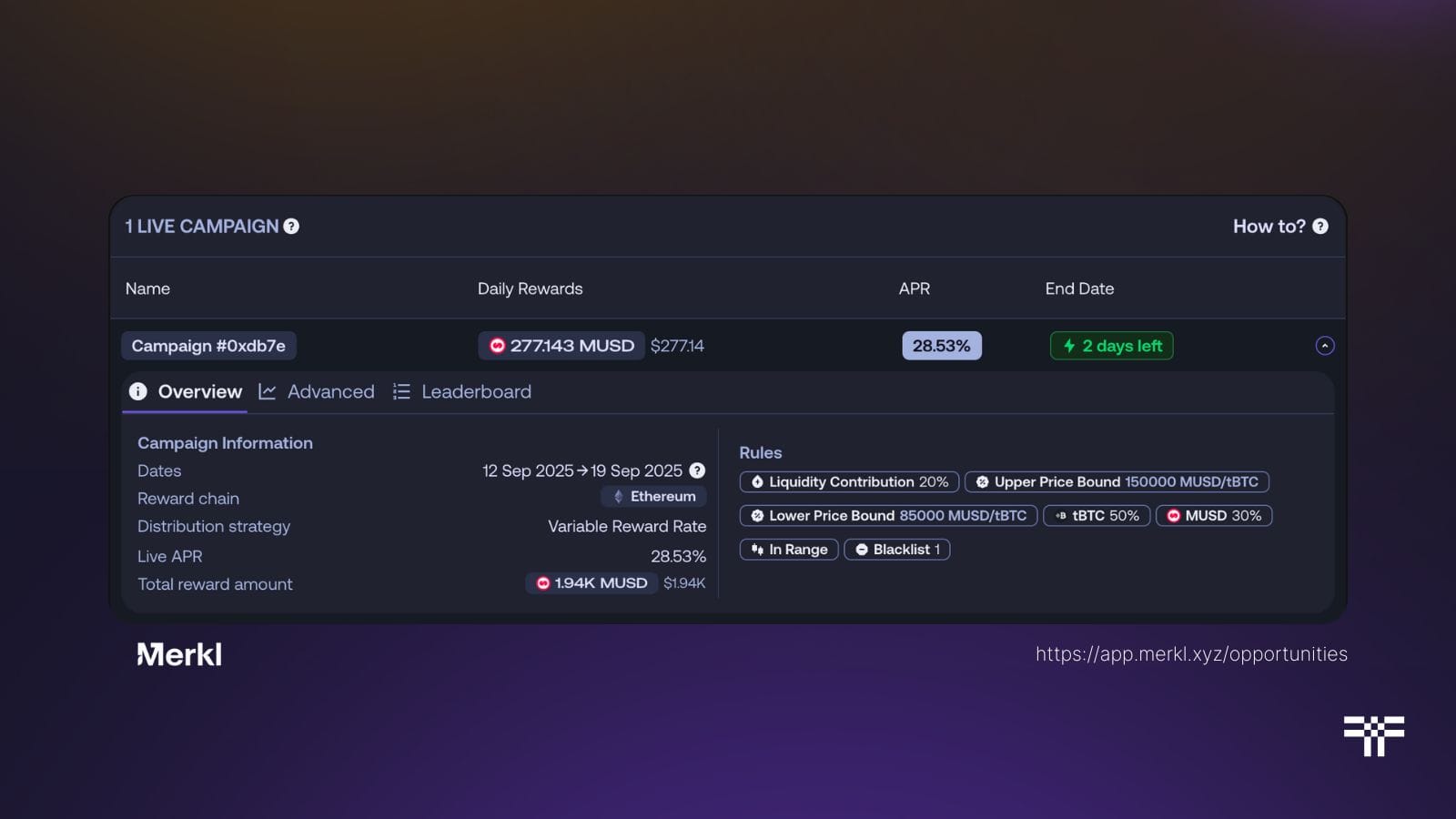 tBTC–MUSD Pool Goes Live on Merkl