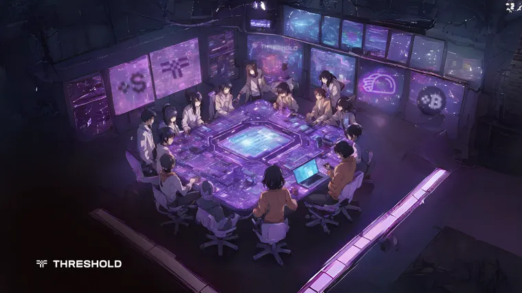 AI generated image of anime people sitting in a glowing purple room. Threshold Logos are displayed on screens.